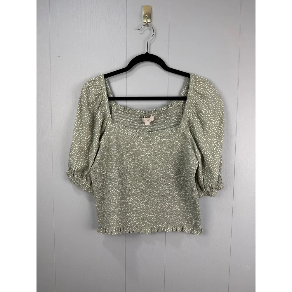 Loft Womens Smocked Puff Sleeve Square Neck Polka Dot Top Green White Size M NEW